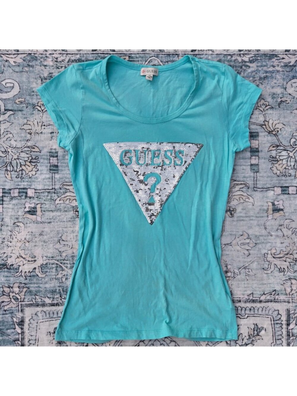 Y2K GUESS Turquoise T Shirt Silver Sequin Size L Fitted Cap Sleeves Cotton